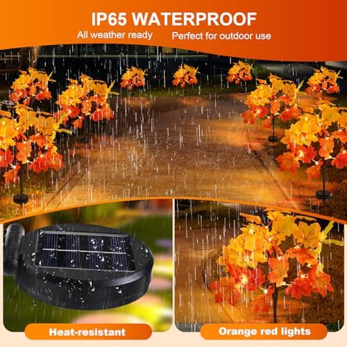 4Pack Fall Solar Lights Outdoor Decorative, Waterproof 80Led Orange Fall Lights with 160 Maple Leaves Path Lights, Solar Lights for Fall Autumn Patio Garden Halloween Thanksgiving Decorations - Image 3