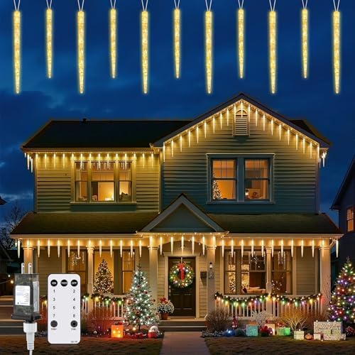 Brightown Icicle Lights for Outside, 2 Pack Total 40ft 40 Tubes 200 LED Ice Shape String Lights, Connectable Hanging Christmas Decoration Lights for Tree Patio Roof Holiday Decor, Warm White by Brightown