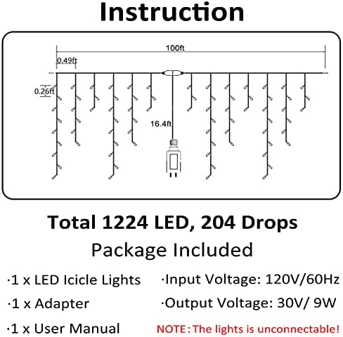Toodour Christmas Icicle Lights Outdoor, 1224 LED 100ft 8 Modes Fairy Icicle String Light with 204 Drops, Led Christmas Lights Twinkle for Holiday, Party, Wedding, Eaves, Xmas Decorations (White) - Image 5