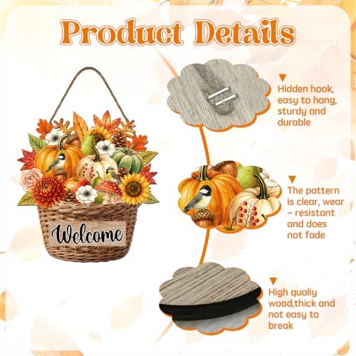 Welcome Thanksgiving Front Door Sign Rustic Sunflower Fall Door Decorations Wood Sign Farmhouse Maple Leaves Wreath Door Hanger Autumn Pumpkin Plaque Wall Hanging Decor for Home Porch Yard 12"x12" - Image 3