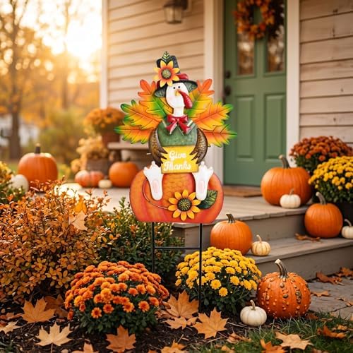 TERESA'S COLLECTIONS Thanksgiving Metal Turkey Pumpkin Garden Stake 29" - Image 2