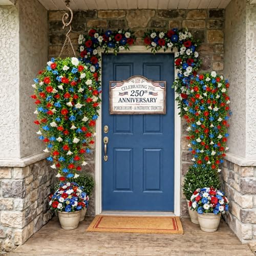 6 Pcs Artificial Hanging Morning Glory Flowers, Red White and Blue Patriotic Hanging Plants, 30 Inch Independence Day Decorations for Outside Porch Patio Outdoor Home Decor - Image 5