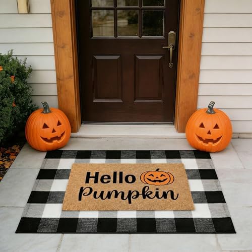 Fall Decor Halloween Layered Front Doormat Set, Hello Natural Coco Coir Door Mat + 28"x43" Black White Buffalo Plaid Rug, Non-Slip Porch Rug Outdoor Entryway Decor for Front Porch, Patio - Image 3