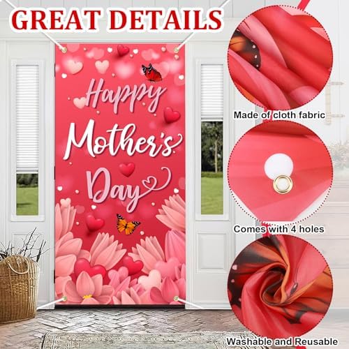 Happy Mother's Day Door Cover Pink Heart Flowers Mom Gifts for Indoor Decoration Photography Background Banner Yard Porch Sign for Spring Outside Front Door Banner Farmhouse Party Supplies 6 x 3 Feet - Image 2