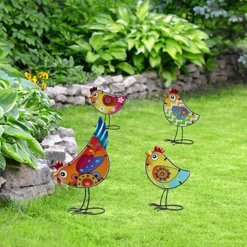 4 Pack Chicken Garden Decor for Outside, Rooster Glass & Metal Yard Art Decoration for Porch Patio, Bird Garden Statues Gifts for Grandma Mom Women (Colorful) - Image 6