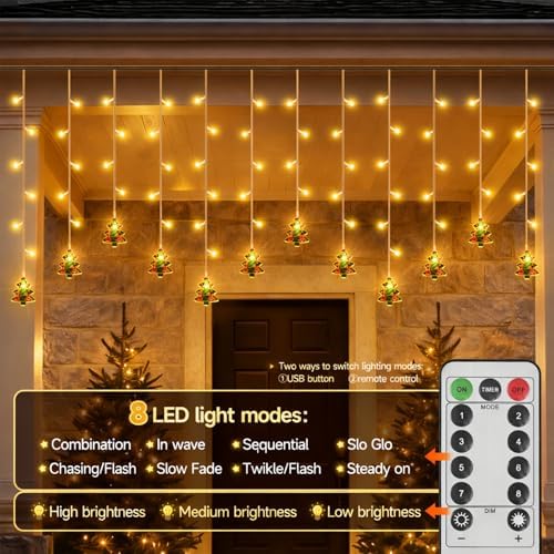 Curtain String Light Christmas Decoration Icicle Lights 8 Modes dimmable,108 LEDs 4M Christmas and Halloween String Lights for Home,Office,Party,bar,Holiday,Party (Warm White) - Image 4