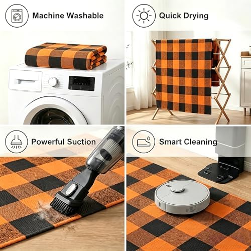 MUBIN Fall Decor Cotton Buffalo Plaid Rug, 3' x 5' Orange Black Outdoor Rug Front Door Decorative Mat, Washable Halloween Doormat Foldable Area Rug Layered Door Mats Rug for Front Porch, Entryway - Image 5