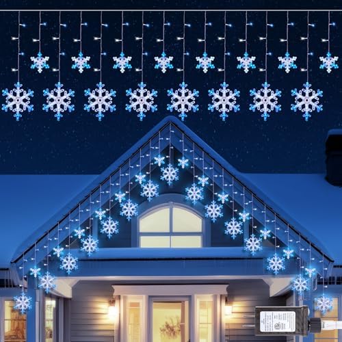 Minetom Christmas Snowflake Lights - 13ft 192LED Snowflake Icicle Lights with 16 Drops, 12 Modes and Timer, IP65 Waterproof Connectable Christmas Light for House Eave Window Indoor Outdoor Decoration by Minetom