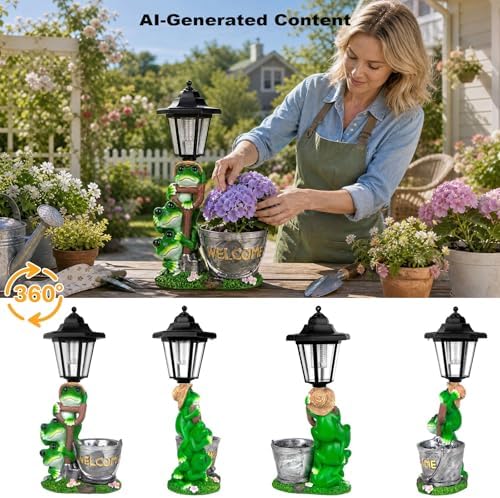 Solar Frog Outdoor Garden Statue with Flowerpot & Lantern - Image 2