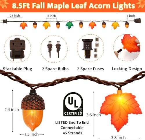 Couah Fall Decor String Lights, 8.5 FT 3D Maple Leaf & Acorn Lights with 10 LED Plug in Fall String Lights for Indoor and Outdoor Home Bedroom Autumn Party Harvest Fall Decorations - Image 2