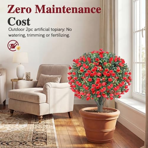PATIO CHOICE Topiary Trees Artificial Outdoor Boxwood Ball Trees with Rose Set of 2 22" Fake Outdoor Plants Faux Bushes and Shrubs Decorations for Outdoor Indoor Front Porch Garden - Image 4