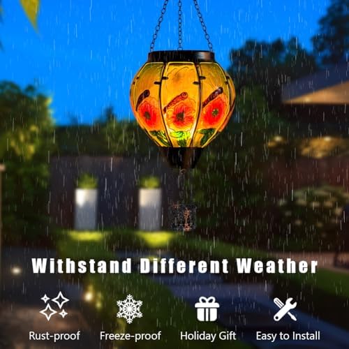 STARSOUL Dragonfly Solar Hot Air Balloon Lantern with Flickering Flame, Hanging Solar Lantern Outdoor Waterproof, Hot Air Balloon Solar Light Decorations for Garden Yard Lawn Porch Porch Backyard - Image 6