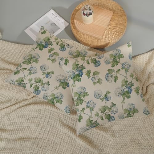 Blue Green Floral Pillow Covers 18x18 Inch 2 Pcs Vintage Flower Decor Throw Pillows Hydrangea Seasonal Spring Summer Outdoor Farmhouse Decoration Pillowcase Linen Cushion Cover for Couch Sofa Bed - Image 5