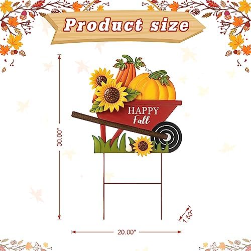 Glitzhome 30" H Fall Metal Wheel Barrow Pumpkin Yard Stake/Hanging Wall Decor,Pumpkin Wagon Cart with Happy Fall Signs,Fall Harvest Porch Decorations for Thanksgiving Autumn Halloween Party Supplies - Image 2