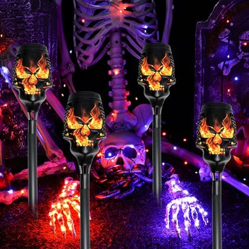 Halloween Solar Skull Stake Lights, Pathway Decor, 4 Pc, Orange - Image 6