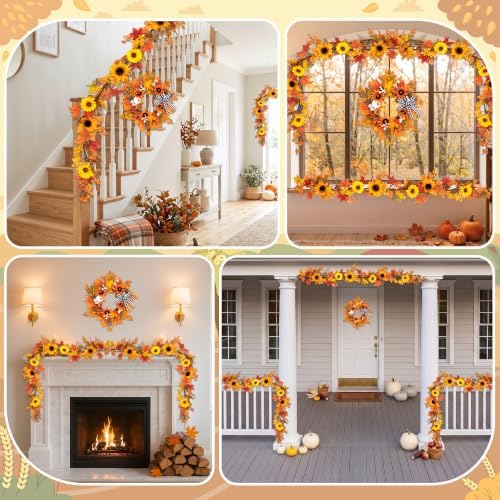 Fall 6FT Garland Wreaths 24", 4 Pack, Artificial Sunflower - Image 5