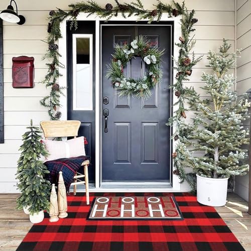 Christmas Door Mat Outdoor 35.4''x59'' Buffalo Plaid Christmas Decor Rug Cotton Hand-Woven Layered Door Mats Washable Carpet for Front Porch, Kitchen, Farmhouse, Entryway - Image 2