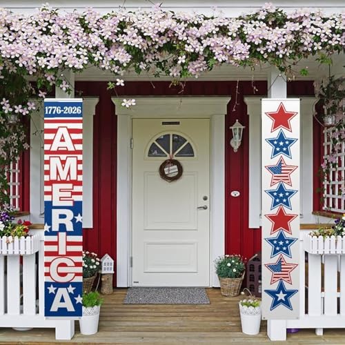 American Independence 250th Anniversary Banner Set Vertical Patriotic Hanging Banners, Red White Blue, Polyester, 32 x 180cm, 4th of July Decorations Wall Porch Door Decor - Image 2