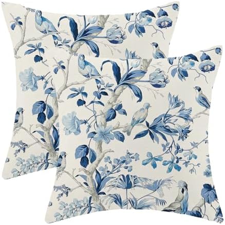 CXMEIFLY Navy Blue Spring Floral Pillow Covers 16 x 16 Inch Set of 2 for Chinoiserie Flowers Bird Decor Throw Pillows Vintage Plant Outdoor Decorative Cushion Cases for Couch Bed Decorations by CXMEIFLY