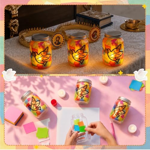 Qinyoung 12 Pcs Religion Dove Crafts Mason Jars Tissue Paper Crafts with LED Candle Light DIY Suncatchers Decoration Make Your Own VBS Mason Jars Supplies for Sunday School Projects Activity - Image 6
