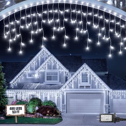 Cool White Christmas Lights Outdoor,2 Pack 53FT 486 LED Plug in Waterproof Christmas Lights for Outside, Timer & Memory, 8 Modes Hanging Fairy Light for Wedding Decorations House Eaves Yard Patio by JIXXULVU
