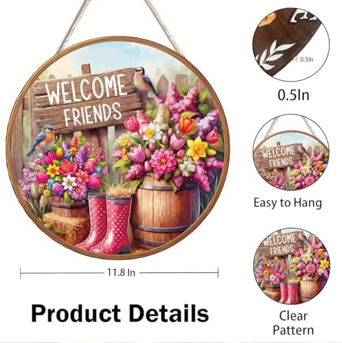 Welcome Friends Floral Wooden Hanging Front Door Sign Wall Decor - Image 2