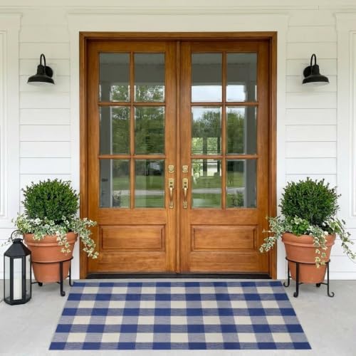 MUBIN Cotton Buffalo Plaid Rug, 3' x 5' Blue White Outdoor Rug Front Door Decorative Mat, Washable Doormat Hand-Woven Foldable Area Rug Layered Door Mats Rug for Front Porch, Entryway, Patio - Image 2