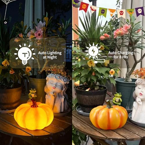 Solar Pumpkin Lights - Garden Statues for Thanksgiving & Halloween, 2 Pack Small Pumpkin Decorations for Porch, Terrace, Yard, Lawn, Patio - Image 5