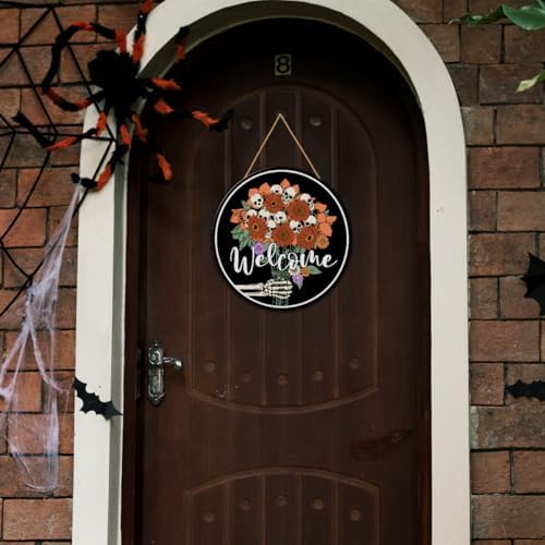 Halloween Welcome Sign Skull Flower Skeleton Gothic Spooky Halloween Door Decorations Wooden Hanger for Front Door Porch Wall Indoor Home Office Decor - Image 3