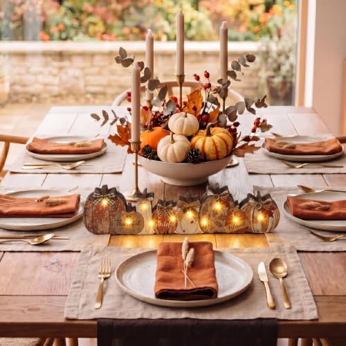 Yousoontic Fall Table Decorations, Light up Pumpkin Table Centerpieces Rustic Wooden Sign Decor with LED Lights 3D Block Pumpkin Decor for Autumn Thanksgiving Harvest Farmhouse Home Mantel Desk Party - Image 3