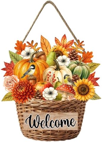 Welcome Thanksgiving Front Door Sign Rustic Sunflower Fall Door Decorations Wood Sign Farmhouse Maple Leaves Wreath Door Hanger Autumn Pumpkin Plaque Wall Hanging Decor for Home Porch Yard 12"x12" by welcometoourhome