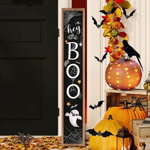 Halloween Welcome Sign for Front Porch Standing, BOO Wooden Porch Sign for Door Decorations, Farmhouse Hanging Wall Sign for Halloween Happy Outdoor Garden Decor 47.2"H - Black by JYKCUL