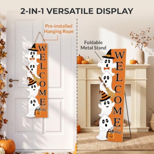 Welcome Sign Stand for Front Door, 47" Vertical Autumn Welcome Porch Sign Wall Hanging for Outdoor Patio Garden, Rustic Large Tall Porch Leaner Decor for Thanksgiving (ghost, colorful) - Image 3