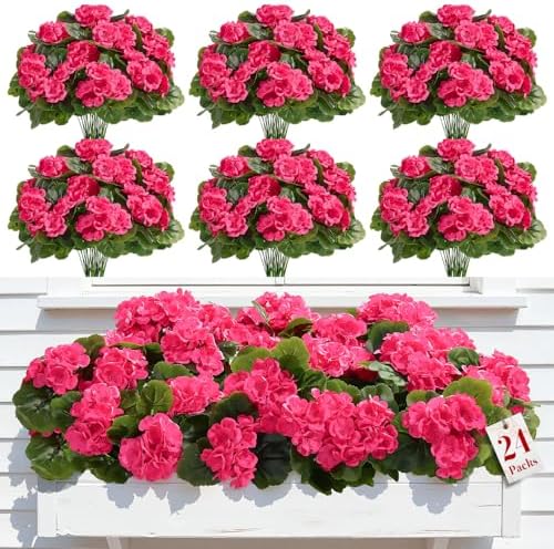 Alupssuc 24Pcs Artificial Geranium Flowers for Outdoors Decoration Silk Floral, UV Resistant Fake Plants, Faux Flower for Porch Garden Table Centerpieces Home Indoor Outside Spring Decor(24, DeepPink) by Alupssuc