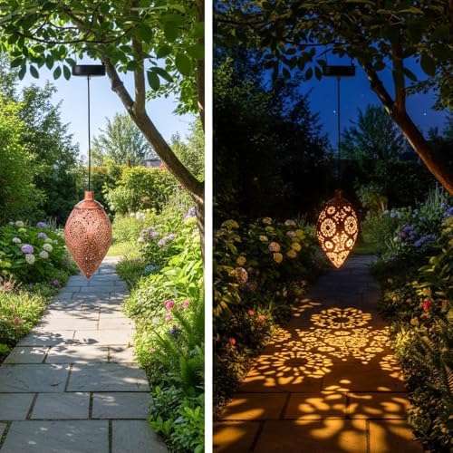 Solar Teardrop Hanging Lantern, Metal, Bronze, Solar Powered, Moroccan Floral Cutout, Outdoor Garden Decor (Copper) - Image 4