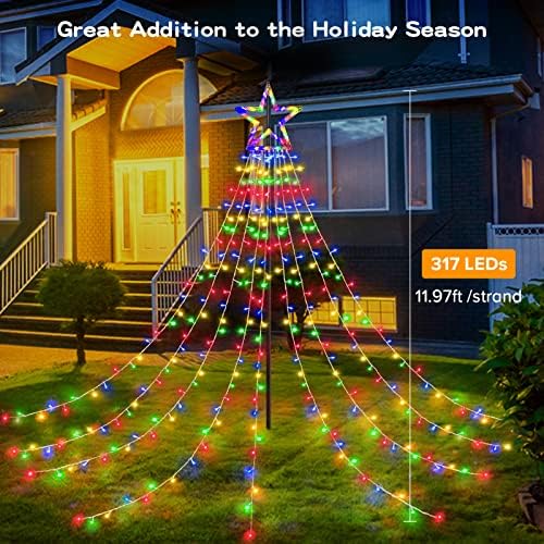 BlcTec Outdoor Christmas Decorations 317 LEDs Christmas Lights with 9 Strands 11.9ft Waterfall Christmas Tree Lights, 8 Modes, Waterproof, Topper Star & Timer for Yard Patio Xmas Décor, Multicolor - Image 2