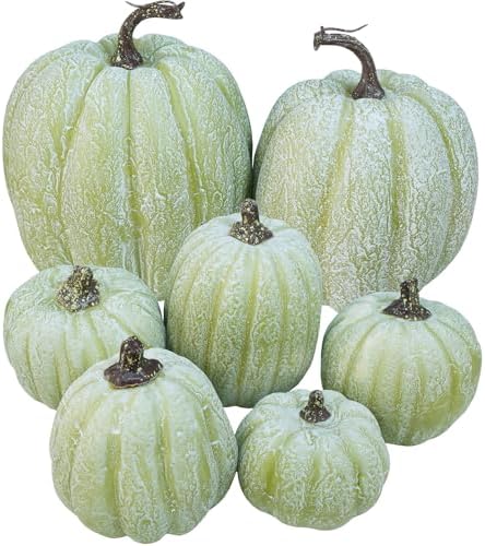 Winlyn 7 Pcs Assorted Sizes Artificial Green Pumpkins Decorative Green Whitewashed Faux Foam Pumpkins for Halloween Thanksgiving Farmhouse Fall Autumn Harvest Home Mantel Table Centerpiece by Winlyn
