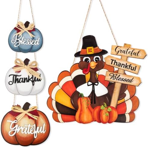 Thanksgiving Decoration Wood Pumpkin Turkey Door Wall Wreath for Front Door Sign Thankful Blessed Grateful, Pumpkin Sign for Fall Autumn Harvest Home Thanksgiving Party Outdoor Halloween Decoration by Sophena