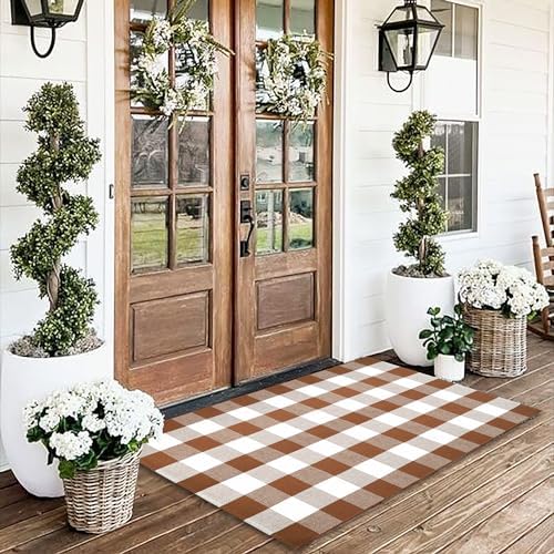 Homydecor Buffalo Plaid Outdoor Rugs, 4'x6' Coffe and White Checkered Area Rug, Layering Rug for Hello/Welcome Door Mat, Washable Cotton Woven Farmhouse Mat for Front Porch Décor - Image 5