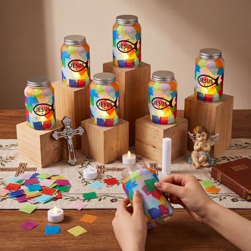 Qinyoung 12 Pcs Religion Faith Jesus Fish Crafts Mason Jars Tissue Paper Crafts with LED Candle Light DIY Suncatchers Decoration Make Your Own VBS Mason Jars Supply for Sunday School Projects Activity - Image 3
