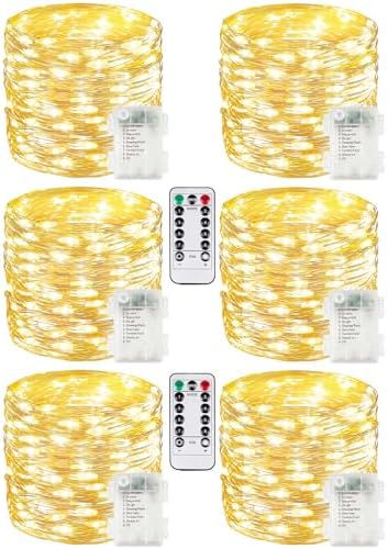 6 Pack 100 LED Fairy Lights Battery Operated with Remote, 33 FT Warm White by BOSSERN