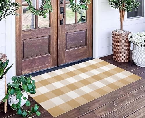 Khaki White Checkered Outdoor Rug 24"x51"Cotton Washable Farmhouse Doormat - Image 5