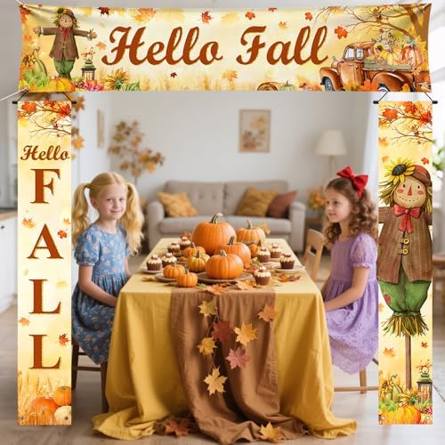 AIBIIN 3pcs Hello Fall Porch Decor Autumn Harvest Porch Banner Sign Thanksgiving Scarecrow Pumpkin Front Door Sign Hanging Home Farmhouse Yard Harvest Party Decorations - Image 4