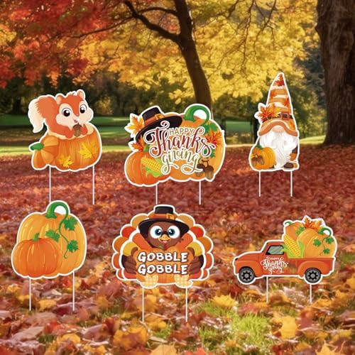 Thanksgiving Yard Signs with Stakes, 6-Pack Thanksgiving Decorations Outdoor Turkey Yard Signs, Fall Outdoor Decorations, Squirrel, Turkey, Gnome, Pumpkin, bumper harvest Car, Lawn Signs for Outside - Image 3