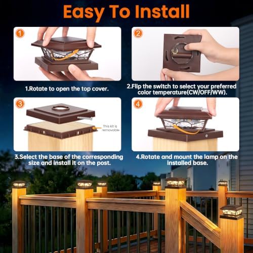Brightever 4x4 Post Solar Lights, Solar Post Cap Lights Brown 8-Pack - Image 4