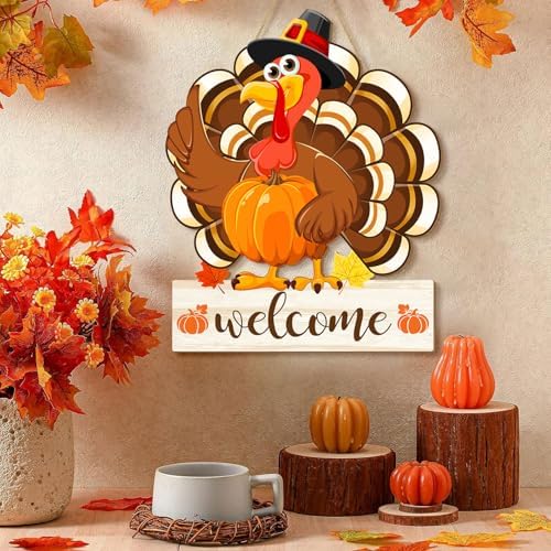 Thanksgiving Turkey Door Sign Decorations, Fall Welcome Wooden Hanging Sign, Give Thanks Wood Vintage Pumpkin Rustic Autumn Harvest Wall Plaque Wreath Hanger Decor for Home Yard Porch - Image 4
