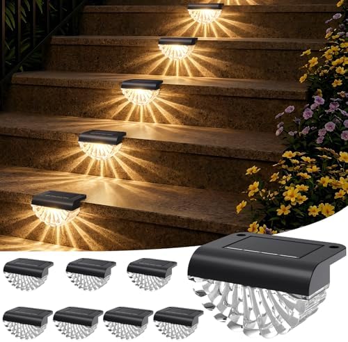 Greluna Solar Fence Lights, 8 Pack Waterproof Deck Outdoor Lights, Auto Dusk to Dawn Step Lights with Warm White Glow, Easy Install for Fence, Patio, Stairs, Pathway, Garden Lighting by Greluna