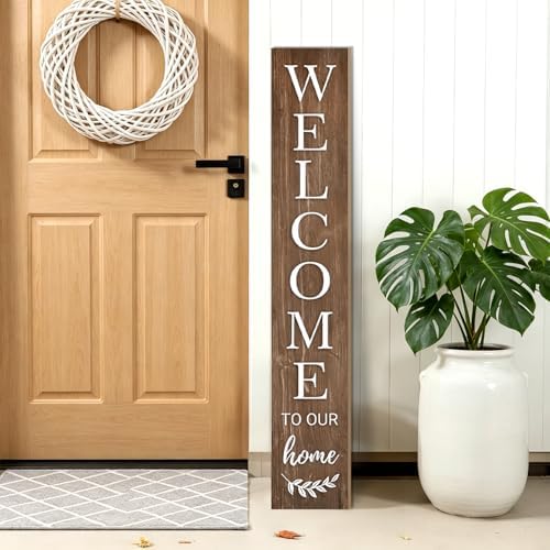 Fall Welcome Sign for Front Door, 47'' Brown Wooden Porch Sign Large Warm Greeting Door Sign Farmhouse Vertical Porch Sign Autumn Rustic Standing Welcome Yard Signs for Patio Outdoor - Image 3