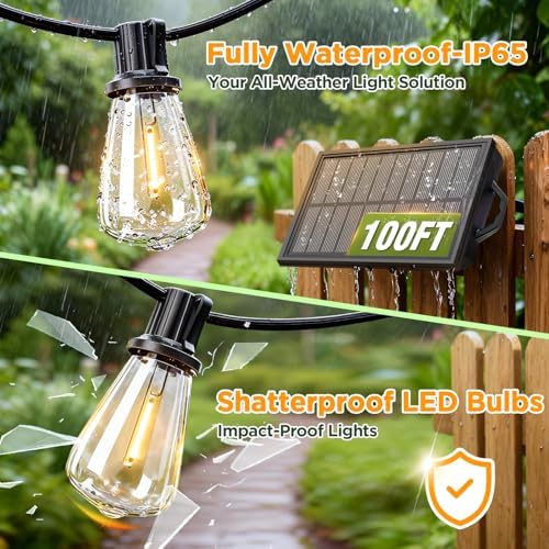 100FT Solar String Lights Outdoor Waterproof with Remote & Timer, LED Shatterproof ST38 Bulbs, USB & Solar Powered Patio Lights for Backyard, Porch, Garden, Wedding Decor, Dusk to Dawn Lighting - Image 4