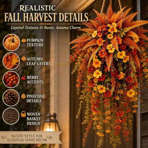 Artificial Fall Harvest Hanging Basket - Autumn Porch & Door Decoration, UV-Resistant Waterproof Faux Fall Flowers, for Doors, Porches, Mantels, Garden & Weddings (1PCS) - Image 4